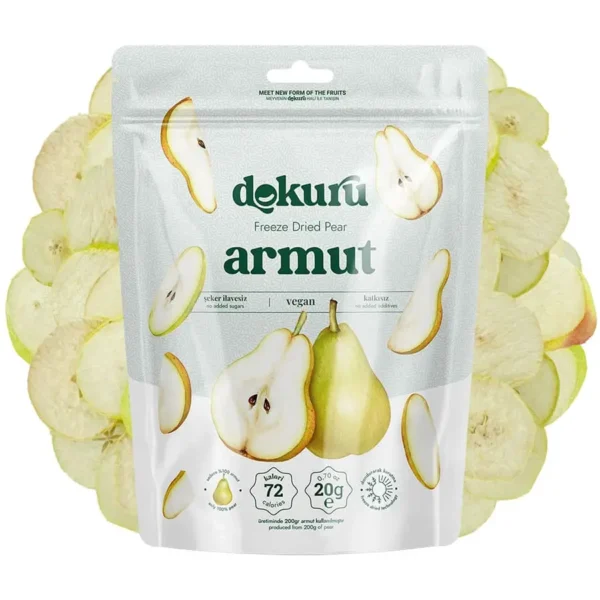 dokuru freeze dried armut 20gr dondurularak kurutulmuş armut kurusu meyve cipsi